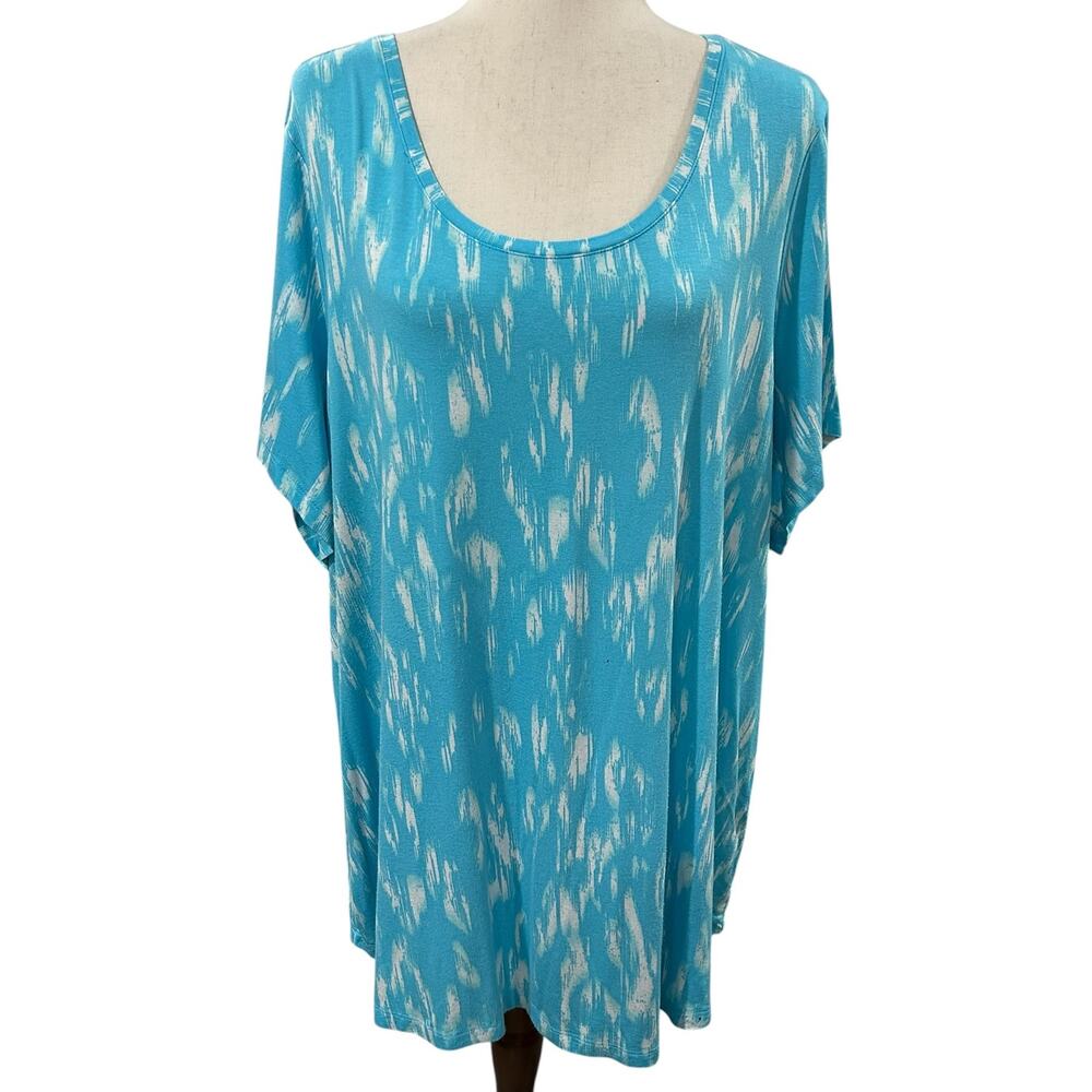 JM Collections Wispy Print Scoop Neck Tee Seafoam Blue Plus Size 3X EUC